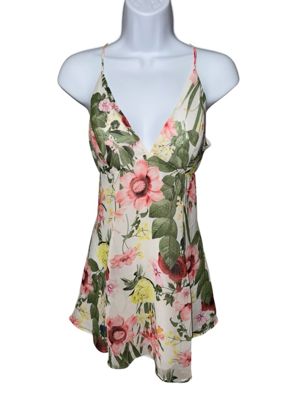 Women’s Forever 21 Cream/Pink Floral Spaghetti Strap V-Neck Mini Dress - M
